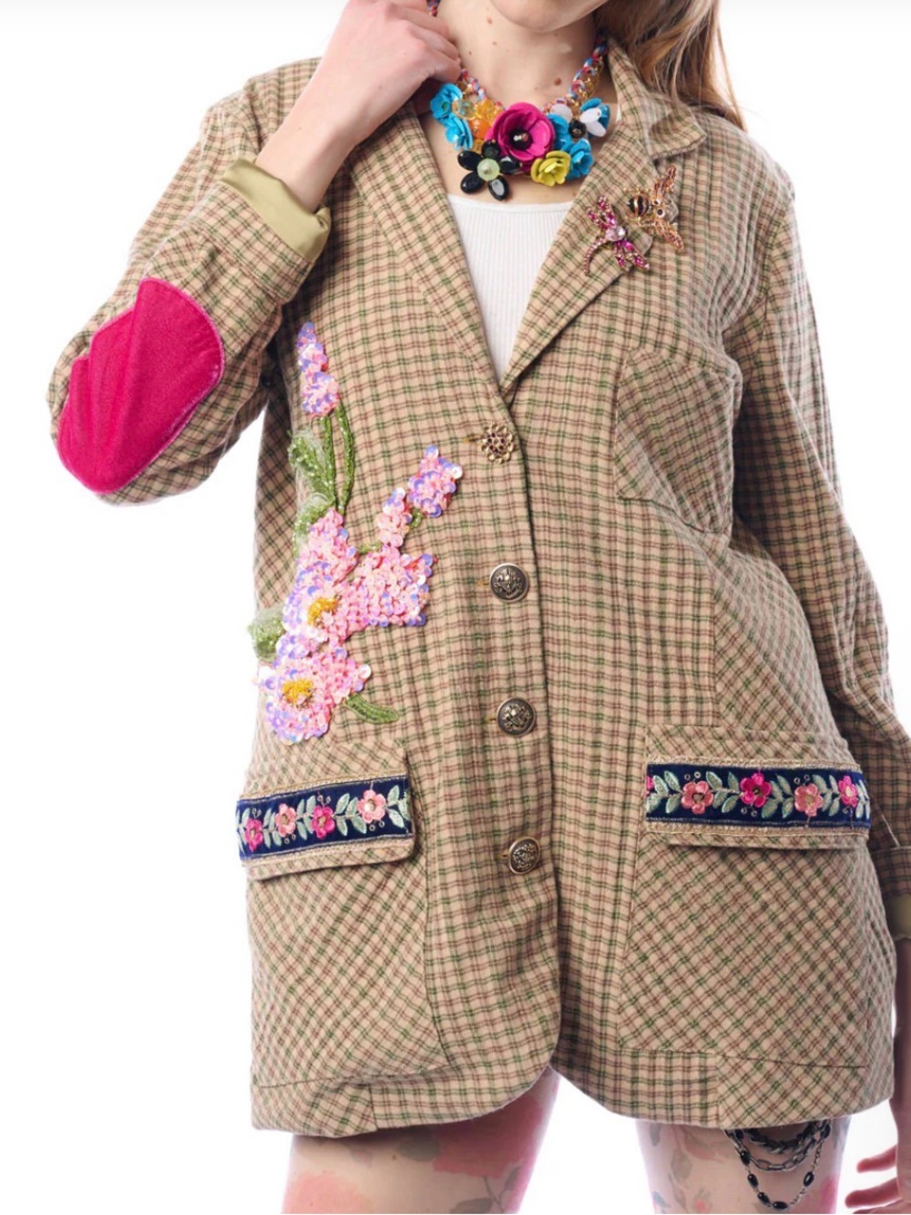 New with tags aratta Elizabeth Checked Floral Embroidered Blazer Jacket